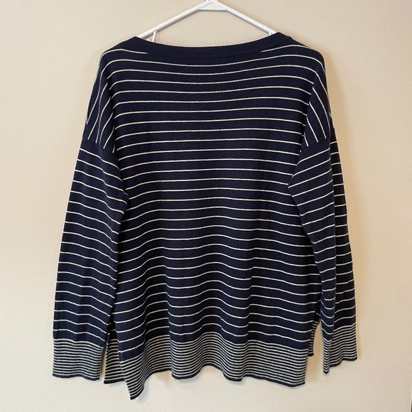 GAP Women’s Large Navy White Thin Horizontal-Striped L/S Drop Sleeve Sweater Top - Picture 5 of 16